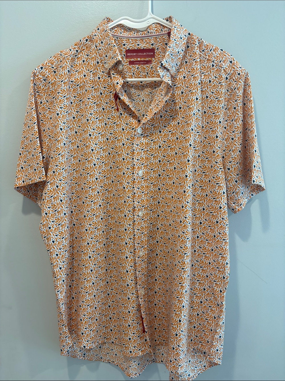 Report Collection Short-Sleeve Button-Up Shirt in Orange and White Leaf Print